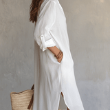 Balts Boho Midi Kleita ar Relaksējošu Stilu