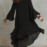 Elegantā asimetriskā melnā boho midi kleita ar krokām