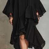 Elegantā asimetriskā melnā boho midi kleita ar krokām