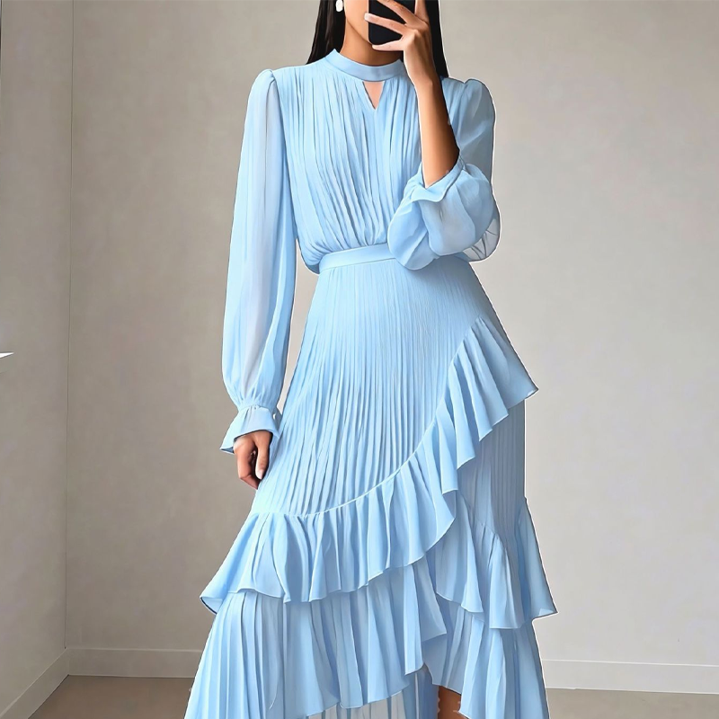 Zaļa - Eleganta, plisēta midi kleita ar volāniem